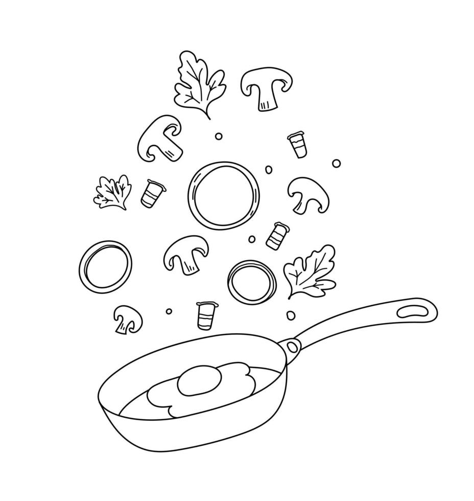 Illustration of a recipe for fried eggs with mushrooms and bacon. Doodle breakfast ingredients. Frying pan with fried egg vector