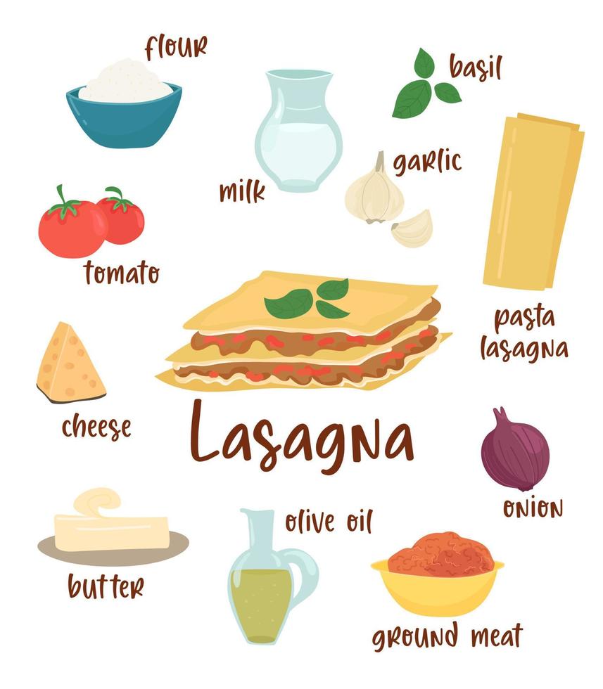 Lasagna. Illustration of Italian lasagna recipe and ingredients. Vector illustration for menu, cookbooks, instagram.