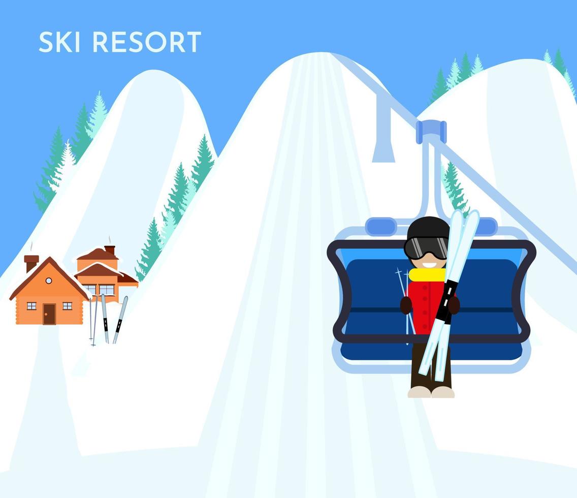 Ski resort with lift, skier, mountains, snow, wooden house, fir-tree. Flat design Vector illustration. Winter vacation concept. Card advertising