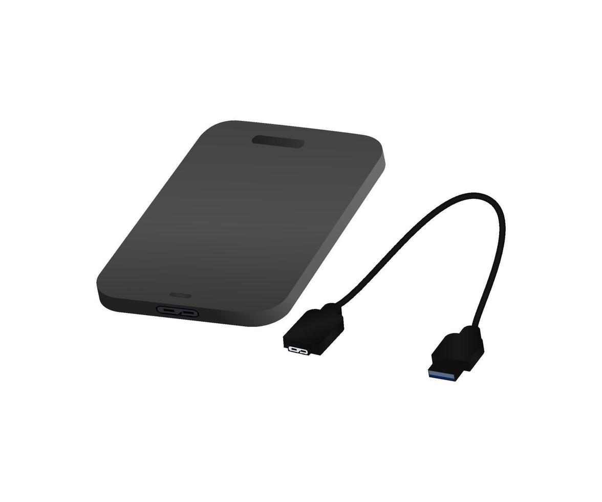Portable external Drive. Hard disk with cable. Icon isolated. Vector illustration. Black color. 3D. Technology concept