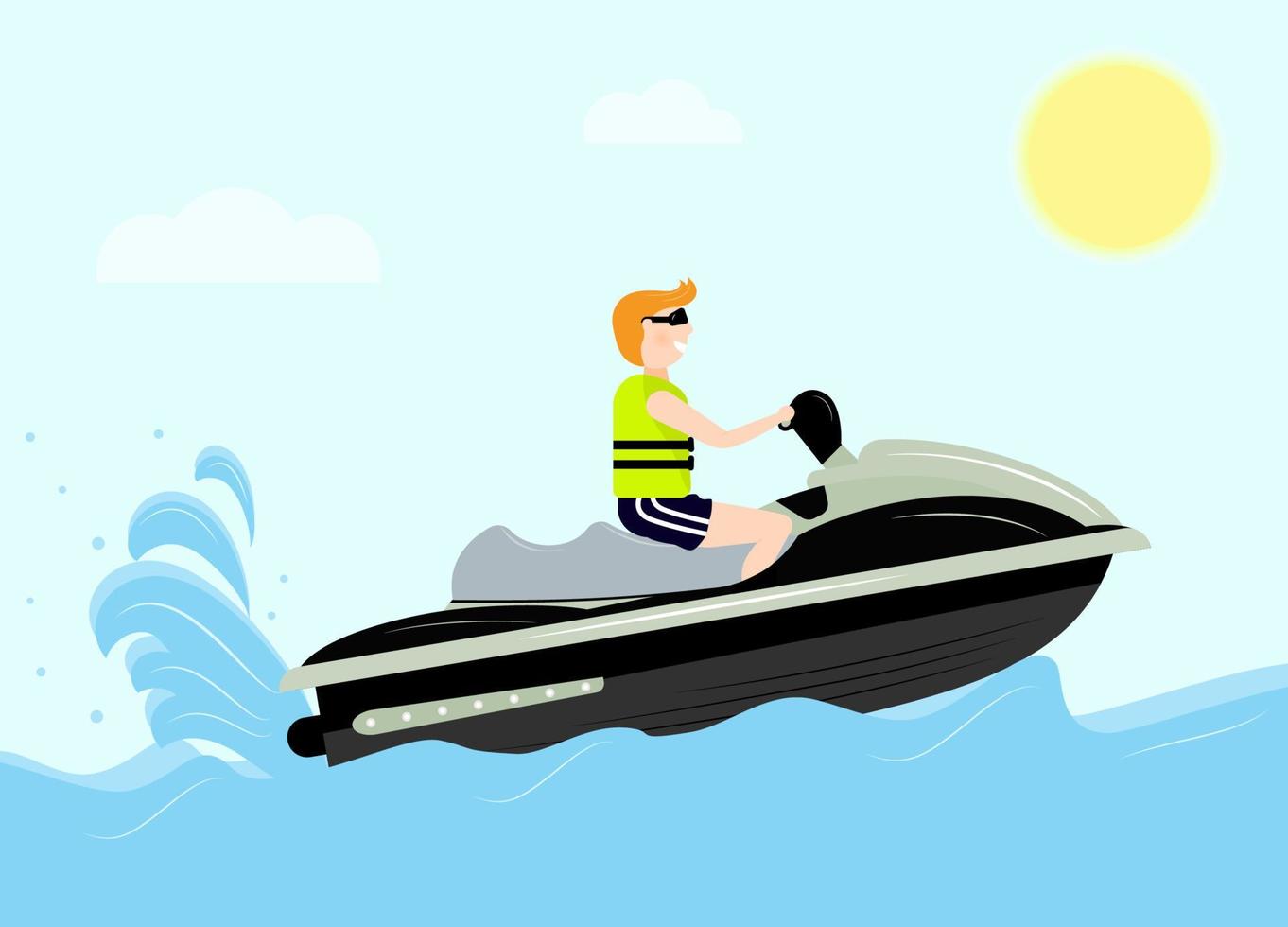 hombre con chaleco salvavidas en bote a motor. mar, sol, nubes. estilo plano barco vectorial concepto de recreación. deporte extremo. vacaciones de verano. tarjeta de felicitación, póster, postal, publicidad impresa vector