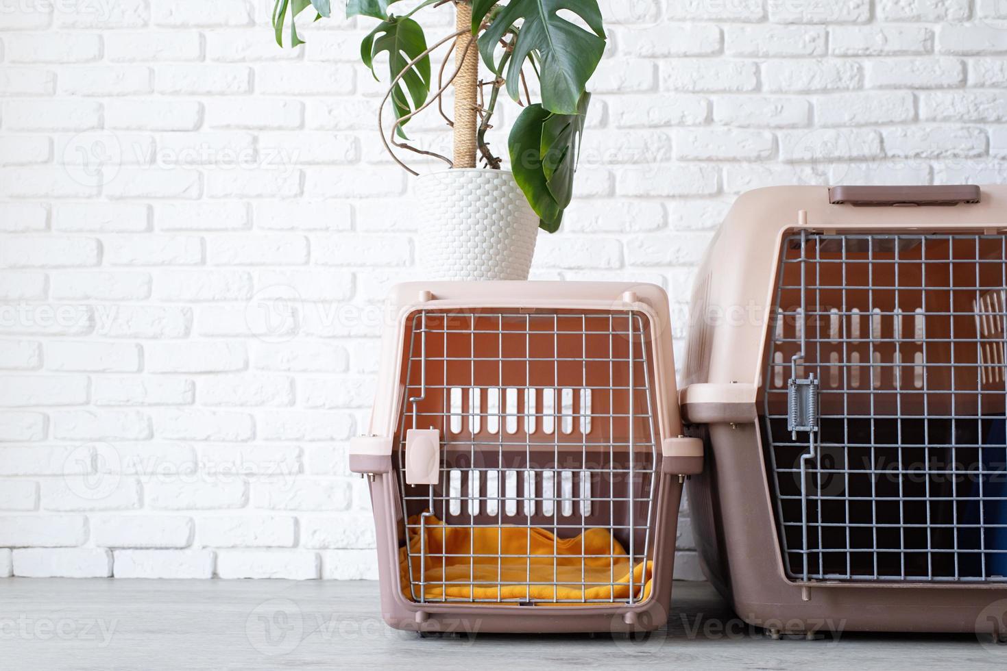 pet corner plastic pet carrier or pet cage with yellow travel case on the floor at home photo