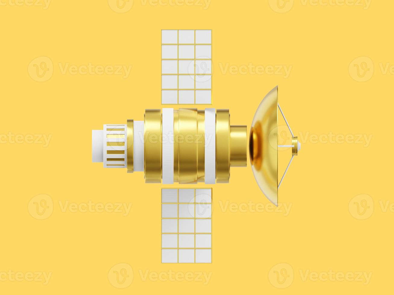 Satélite espacial con antena. estación de comunicación orbital inteligencia, investigación. representación 3d icono de oro realista sobre fondo de color amarillo foto