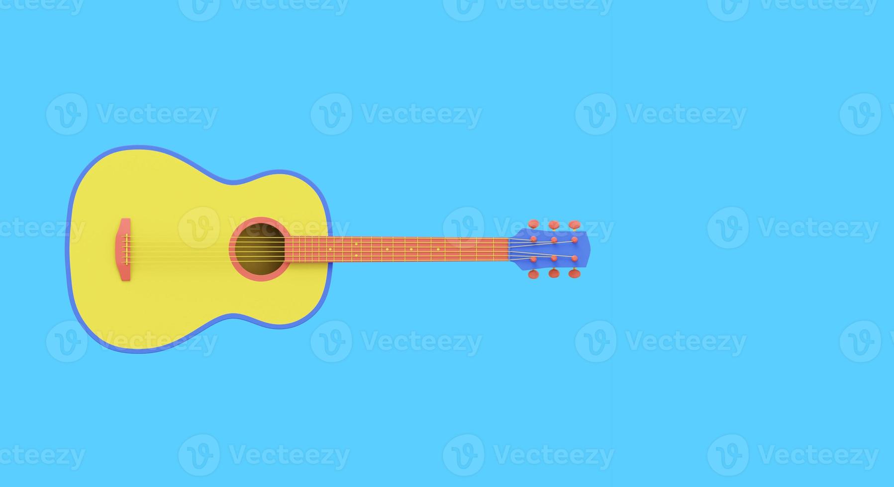 guitarra acústica multicolor, vista frontal. representación 3d icono sobre fondo azul, espacio para texto. foto
