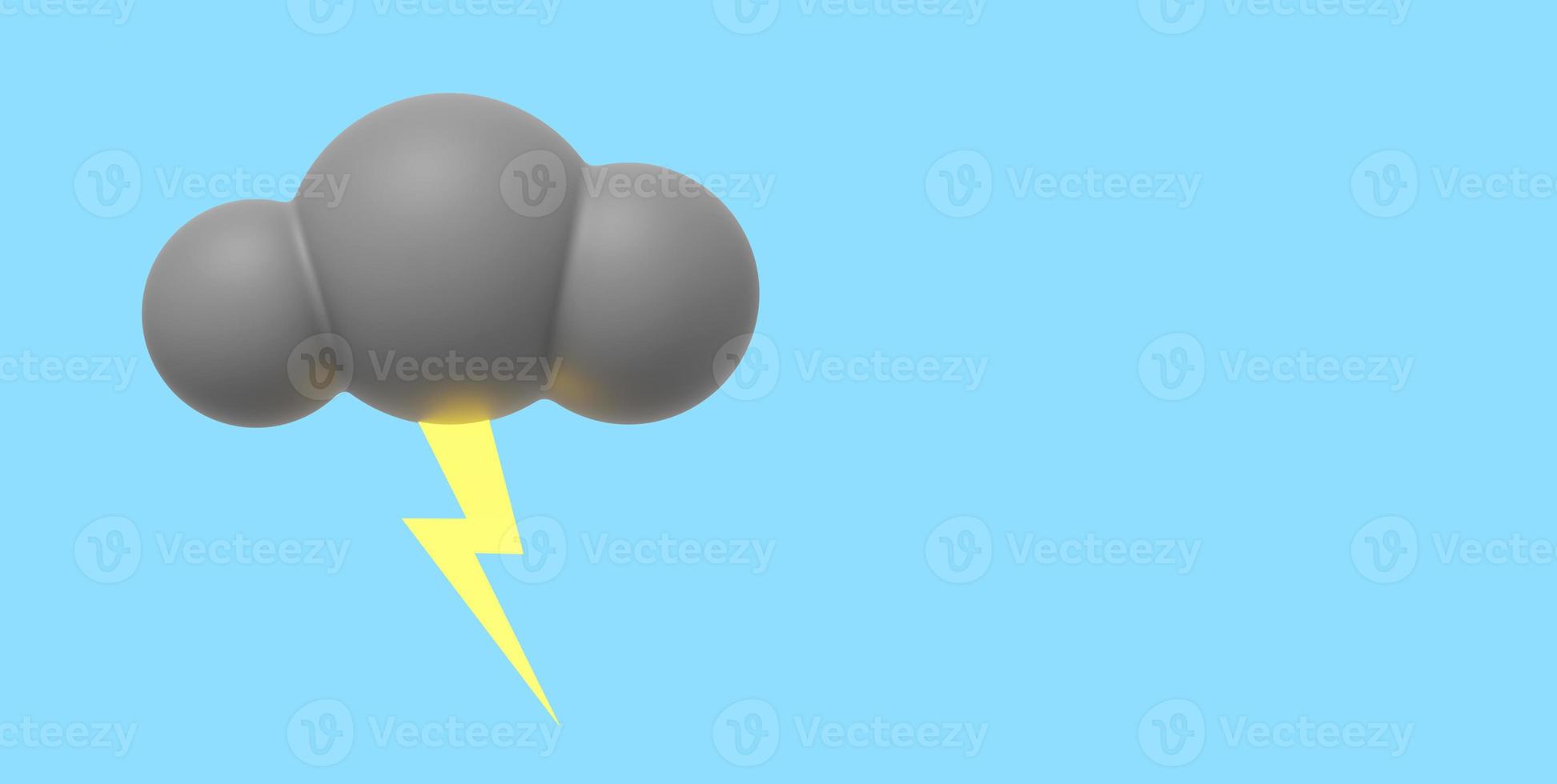 Gray cartoon cloud with lightning. 3D rendering. Icon on blue background, space for text. photo