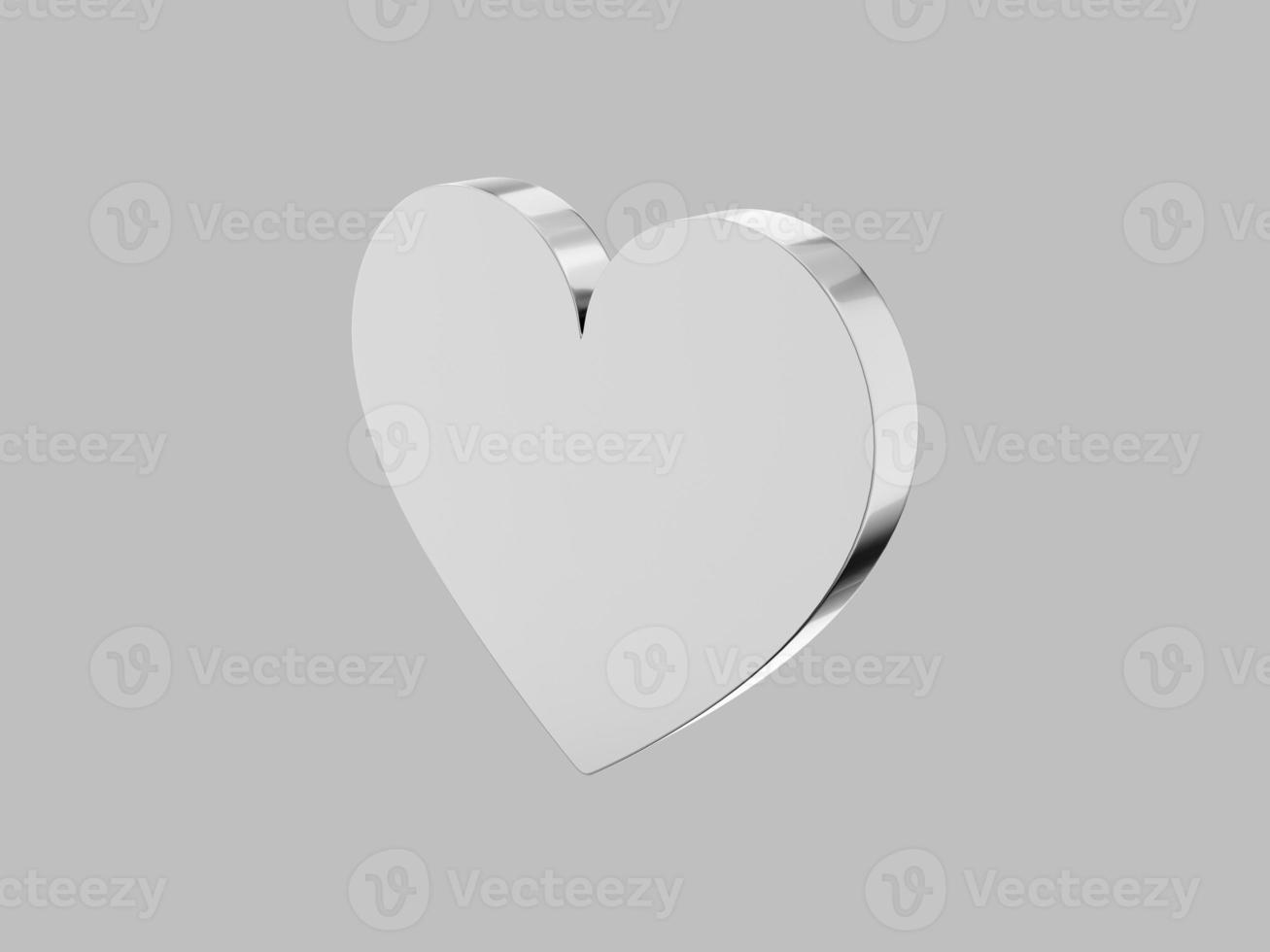 Flat metal heart. Symbol of love. Silver one color. On a plain gray background. Right side view. 3d rendering. photo