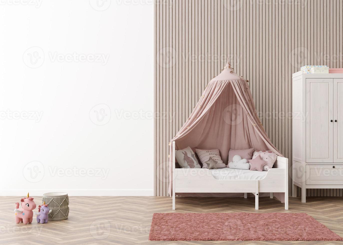 Kids room wallpaper presentation mock up. Empty white wall in modern child room. Copy space for your wallpaper design, wall stickers or other decoration. Interior in scandinavian style. 3D rendering. photo