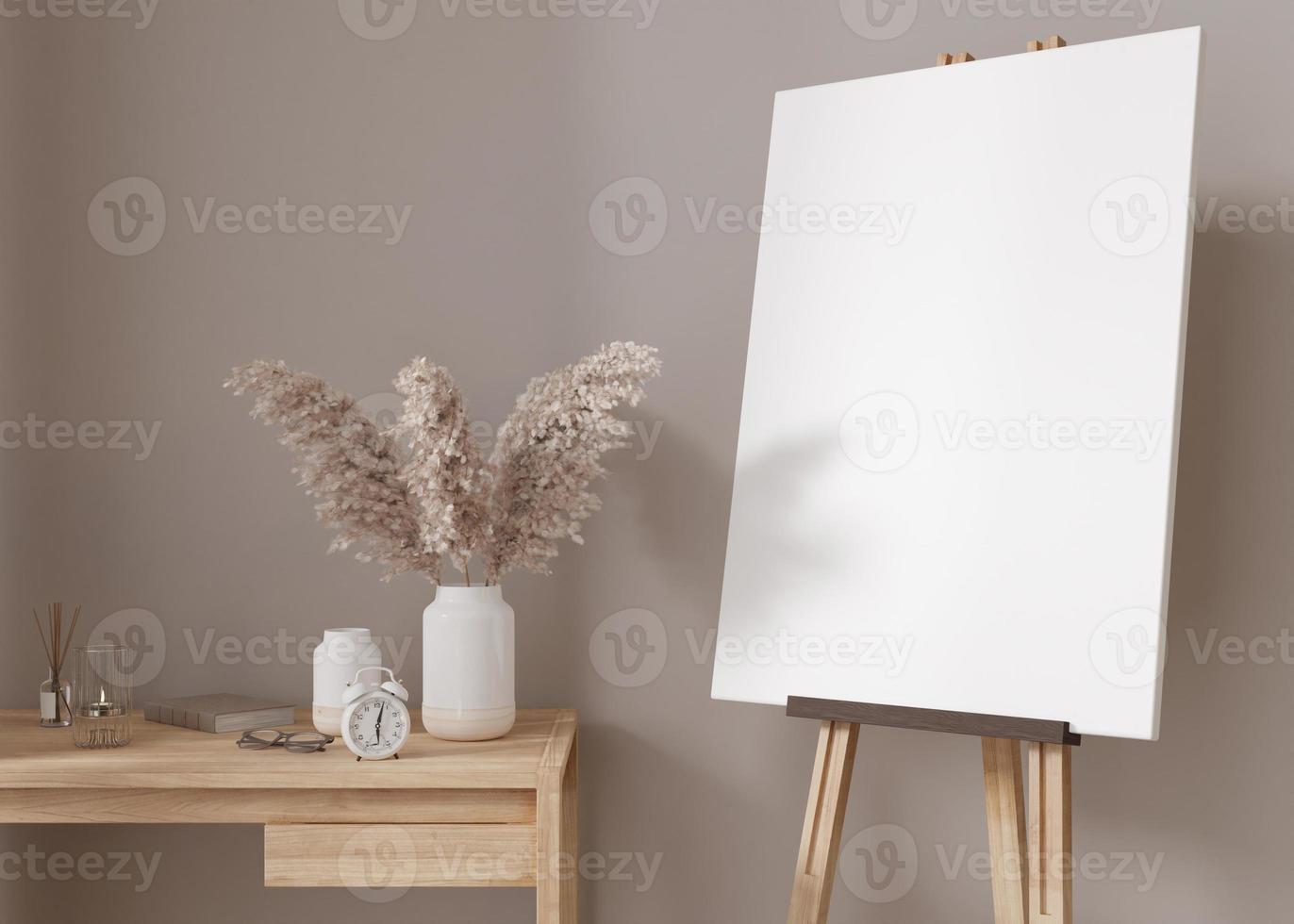 Empty vertical canvas on wooden easel in modern and cozy room. Canvas mock up, interior in scandinavian, boho style. Free, copy space for your picture. Artwork presentation. 3D rendering. photo