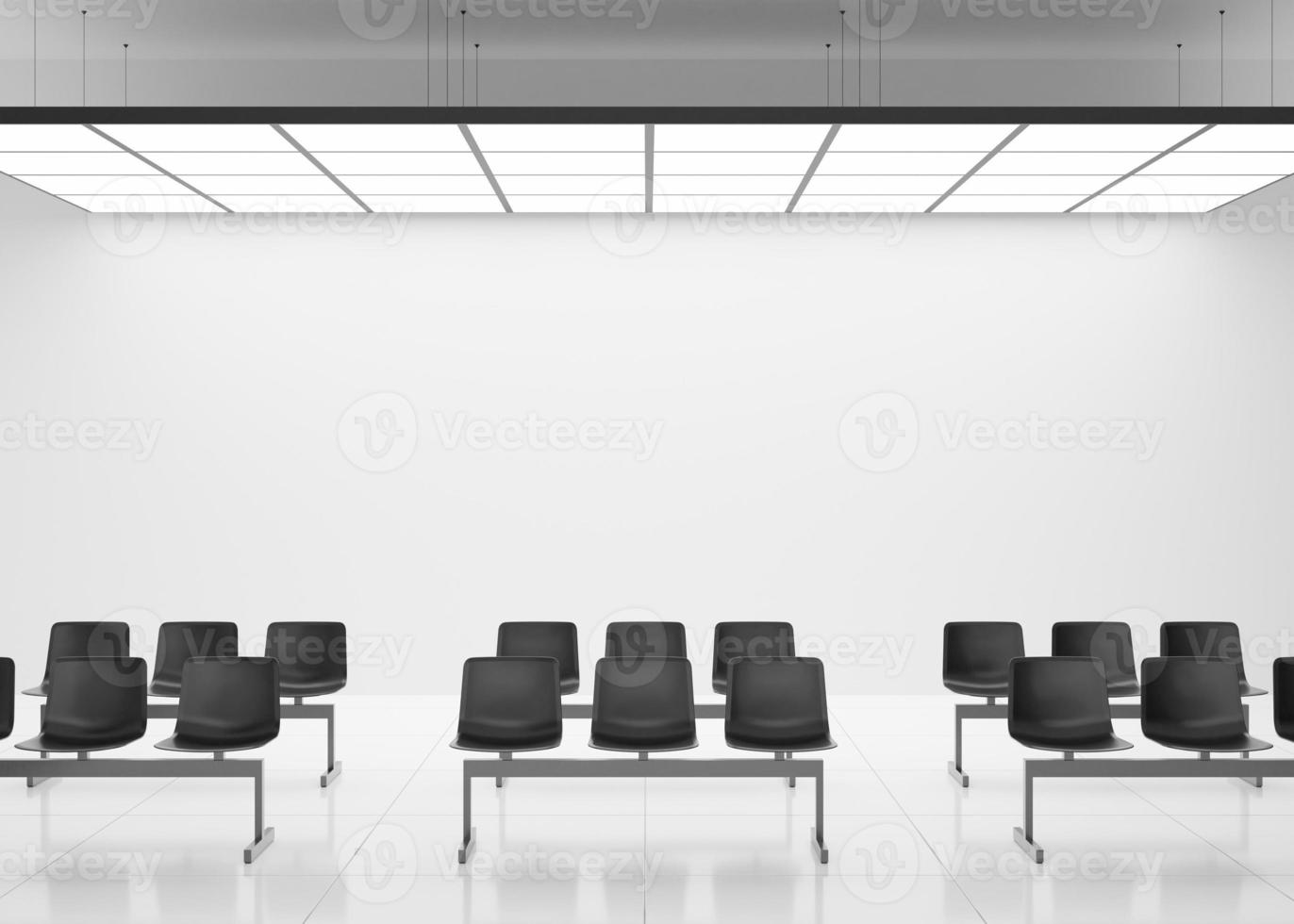 Empty white wall in modern public space. Mock up for advertisement. Free, copy space for your billboard. White waiting room with empty space for signboard, poster. 3D rendering. photo