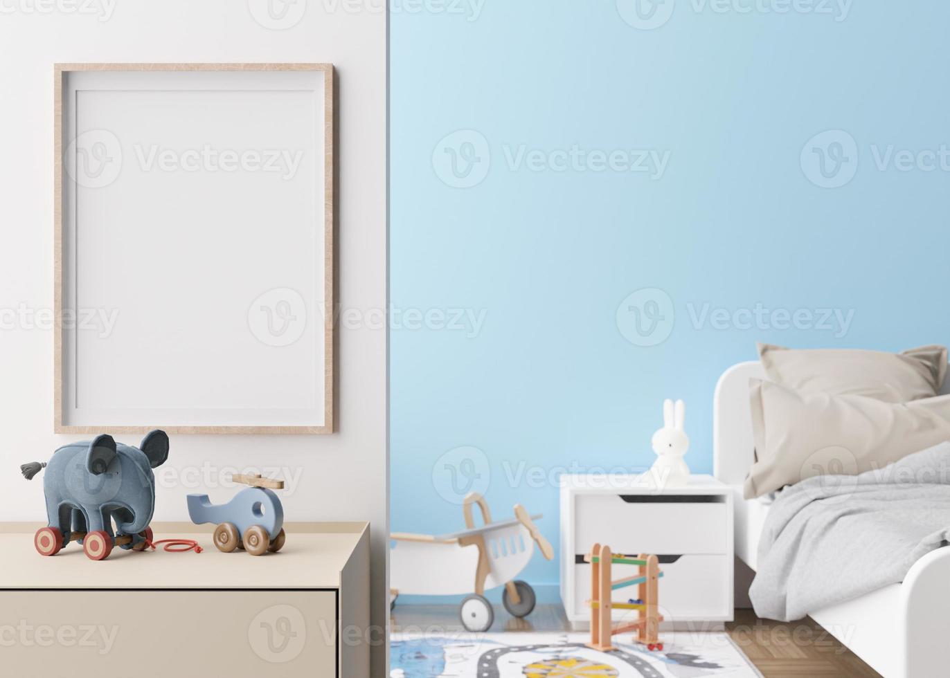 Empty vertical picture frame on white wall in modern child room. Mock up interior in contemporary, scandinavian style. Free, copy space for picture. Bed, toys. Cozy room for kids. 3D rendering. photo
