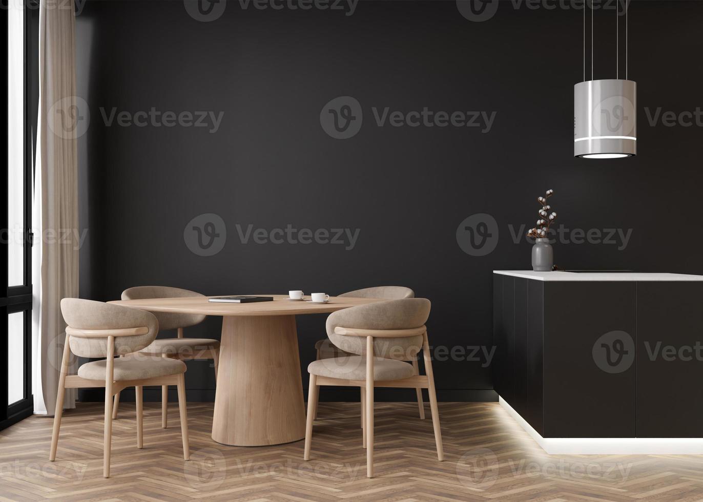 Empty black wall in modern living room. Mock up interior in contemporary style. Free, copy space for your picture, text, or another design. Dining table with chairs, kitchen, parquet floor. 3D render. photo