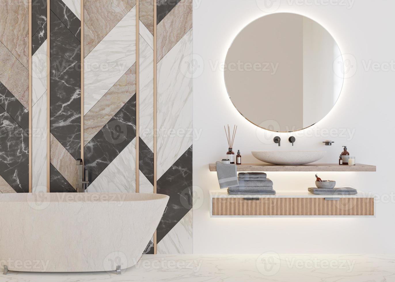 Beautiful, light and modern bathroom. White color and marble texture. Bathtub, washbasin. Home interior in contemporary style. Luxury bathroom design. Interior design project. 3D rendering. photo