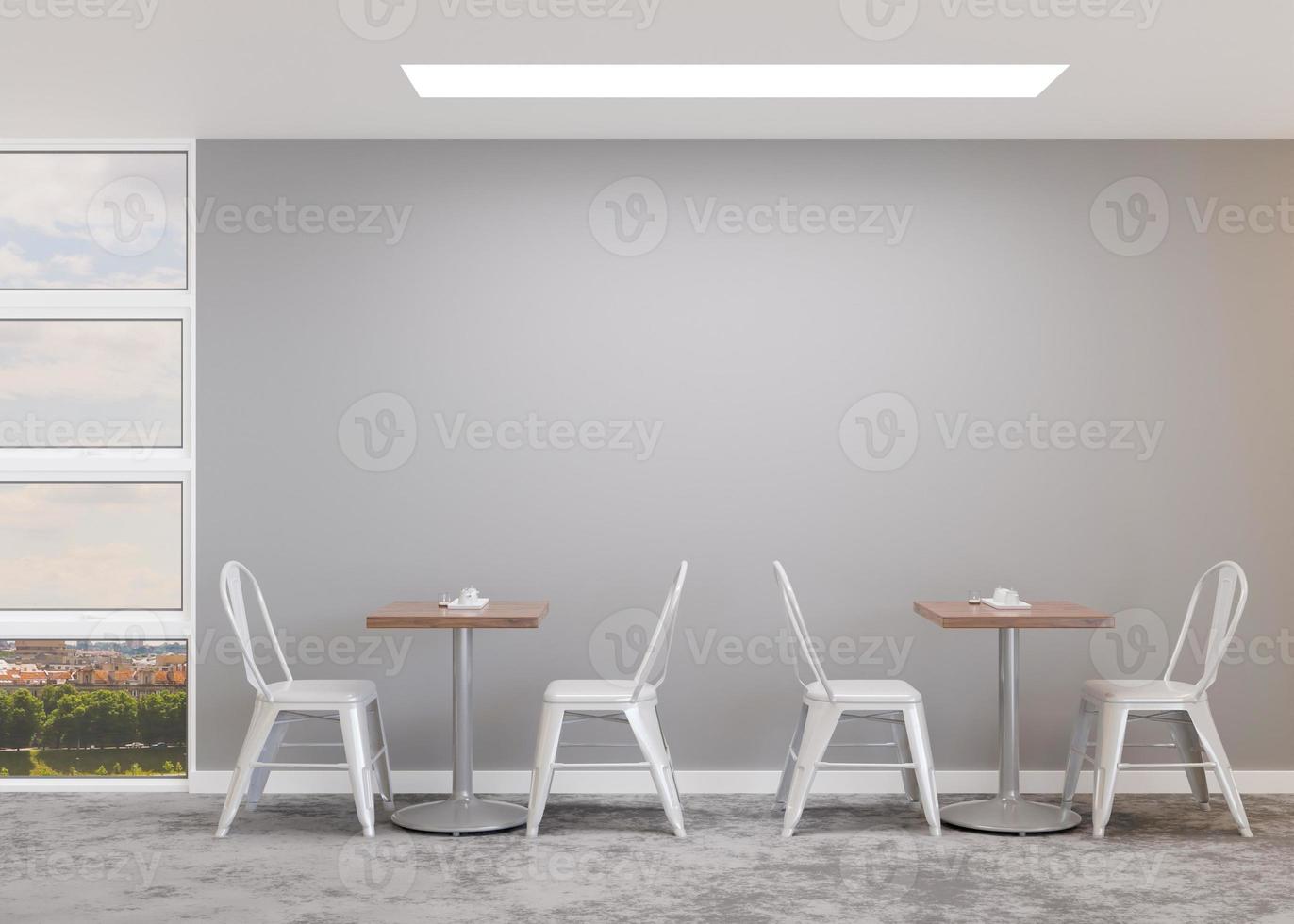 Empty gray wall in modern cafe. Mock up restaurant interior in contemporary style. Free, copy space for your advertising banner, artwork, picture, text, or other design. Empty space. 3D rendering. photo
