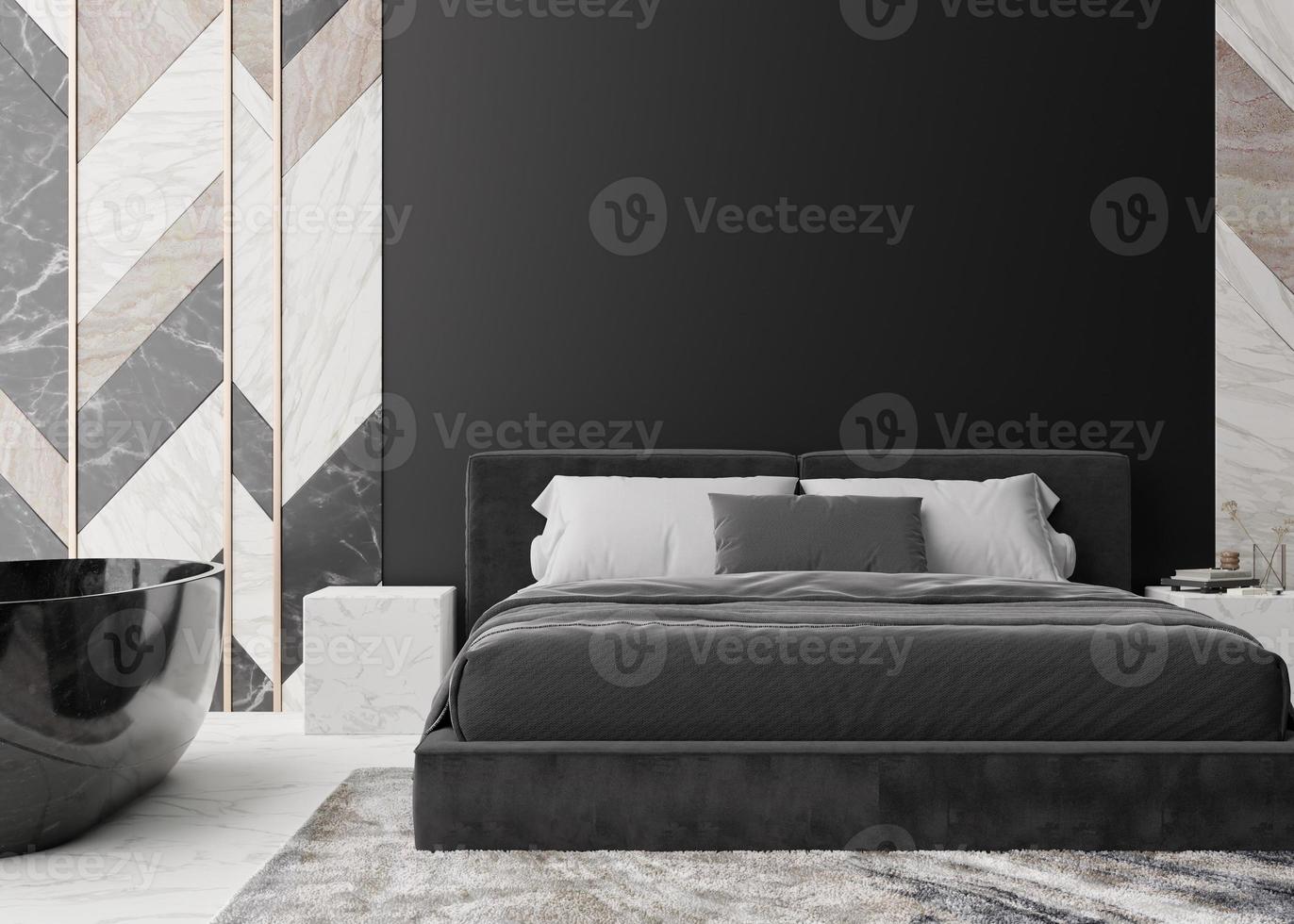 Empty black wall in modern bedroom. Mock up interior in contemporary style. Free, copy space for your picture, text, or another design. Bathtub in bedroom, marble wall panels. 3D rendering. photo