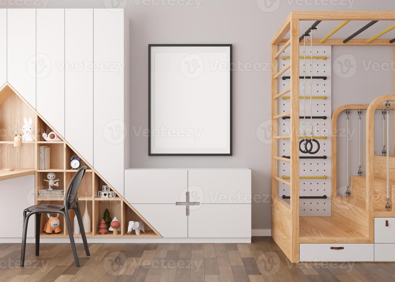 Empty vertical picture frame on gray wall in modern child room. Mock up interior in contemporary, scandinavian style. Empty, copy space for picture. Bed, toys, desk. Cozy room for kids. 3D rendering. photo