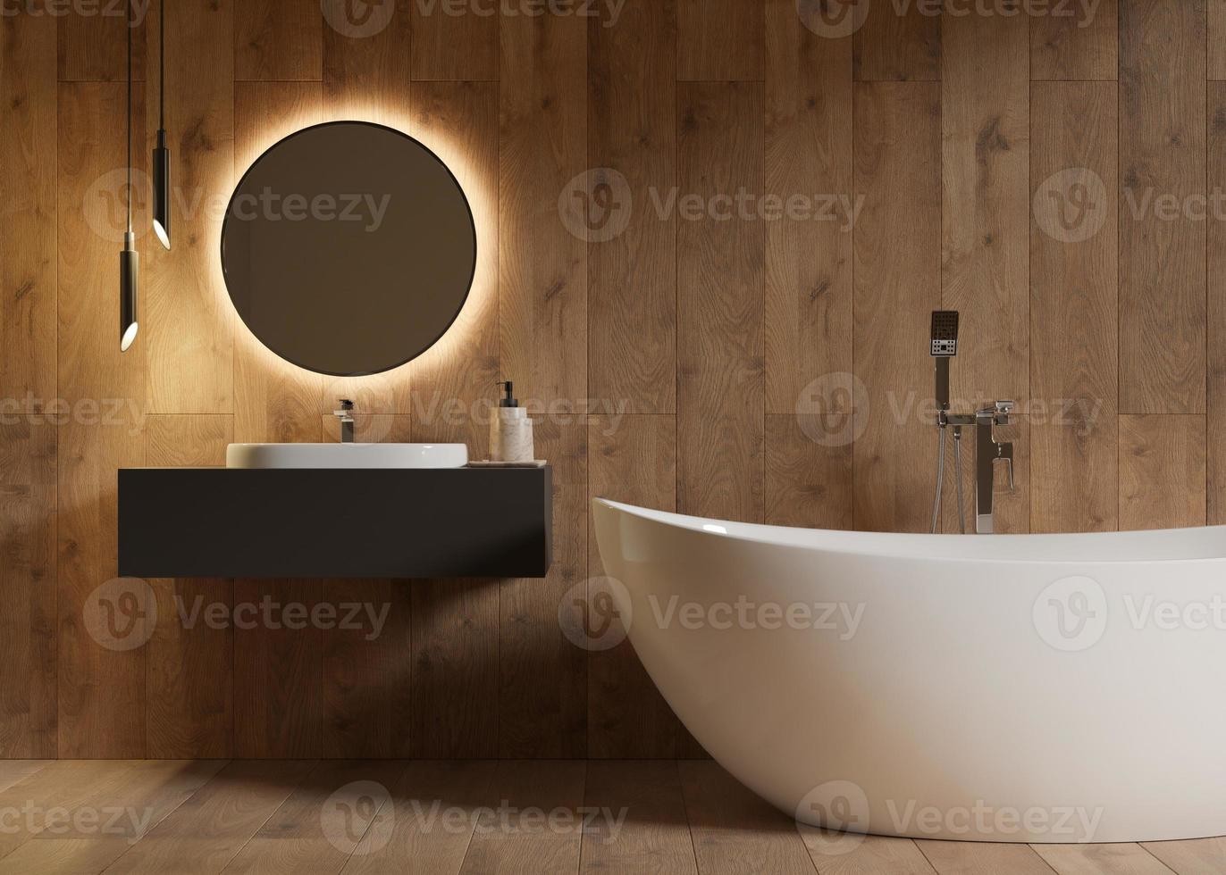 hermoso y moderno baño. bañera, lavabo, lámparas colgantes, textura de madera. interior de casa o hotel en estilo contemporáneo. diseño de baño de lujo. proyecto de interiorismo. procesamiento 3d foto