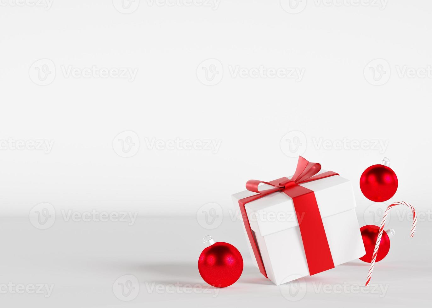 White and red gift box and Christmas decoration on white background, empty space for text. Present. Xmas layout with copy space. Minimlist design. Template for greeting, invitation card. 3D render. photo