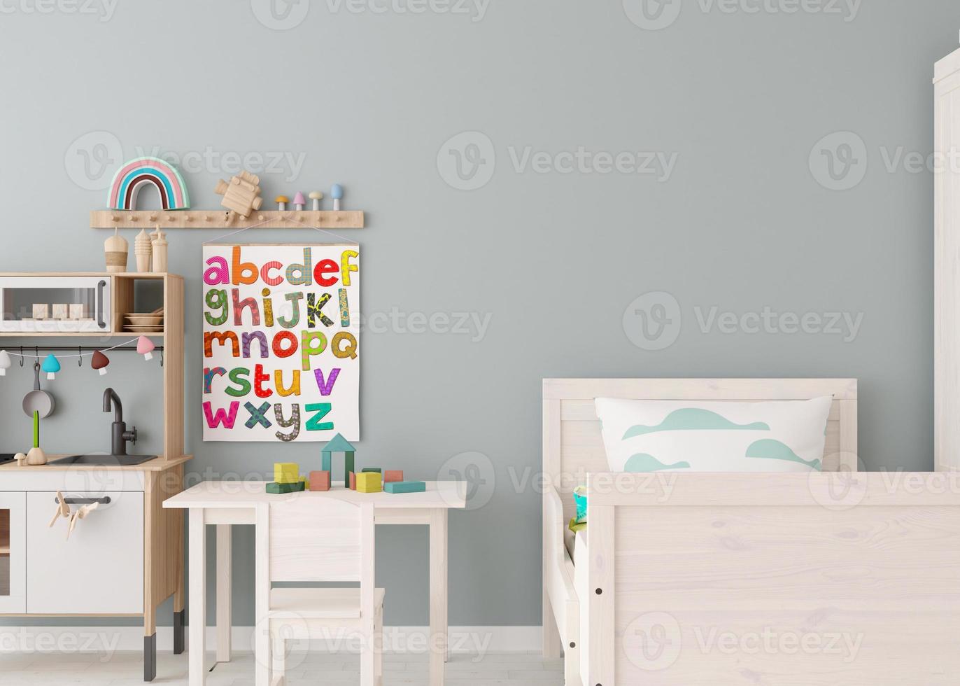 Empty wall in modern child room. Mock up interior in scandinavian style. Copy space for your picture or poster. Bed, table and chair, toys. Cozy room for kids. 3D rendering. photo