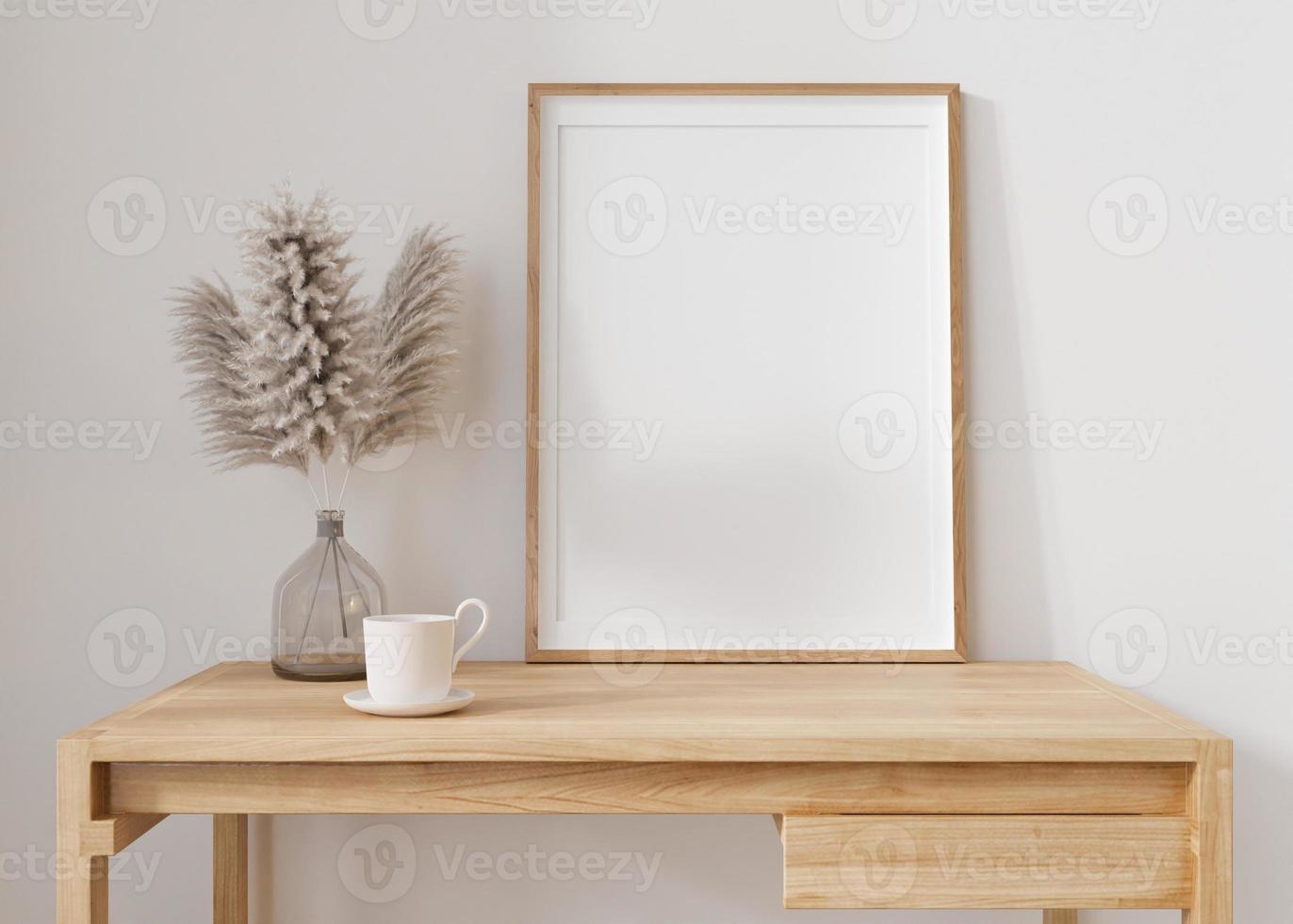 Empty vertical picture frame standing on wooden table in modern living room. Mock up interior in minimalist, contemporary style. Free, copy space for your picture. Vase, pampas grass. 3D rendering. photo