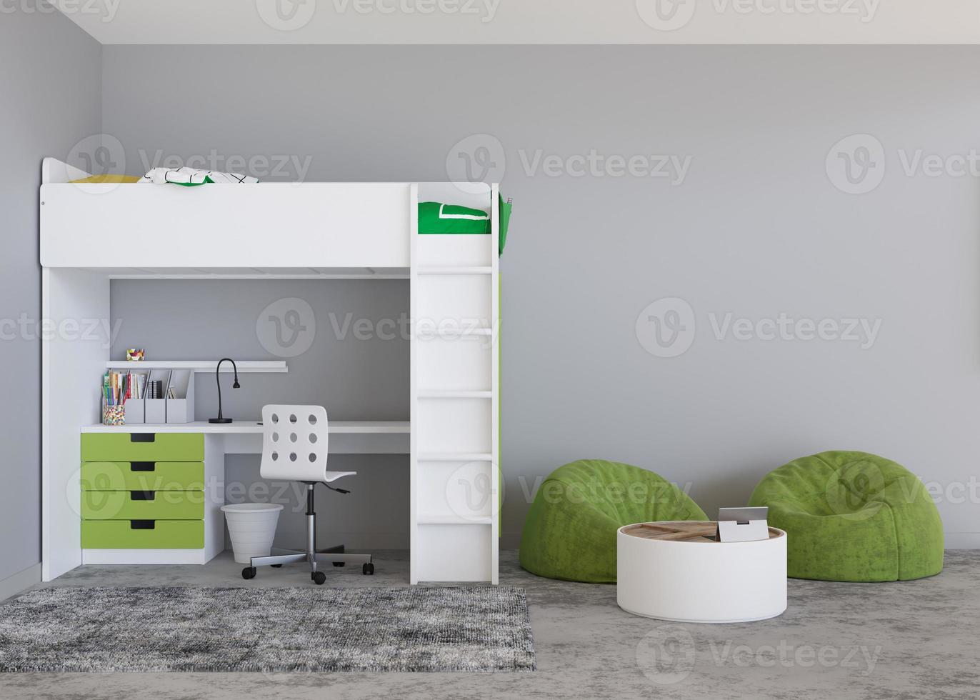 Empty gray wall in modern child room. Mock up interior in contemporary, scandinavian style. Copy space for your picture or poster. Bunk bed, desk, toys. Cozy room for kids. 3D rendering. photo