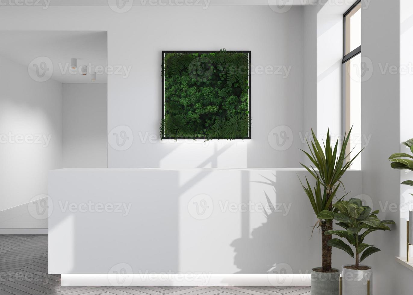 White reception counter in modern room with white walls. Blank registration desk in hotel, spa or office. Reception mock up with copy space for branding, logo. Contemporary style. 3D rendering. photo