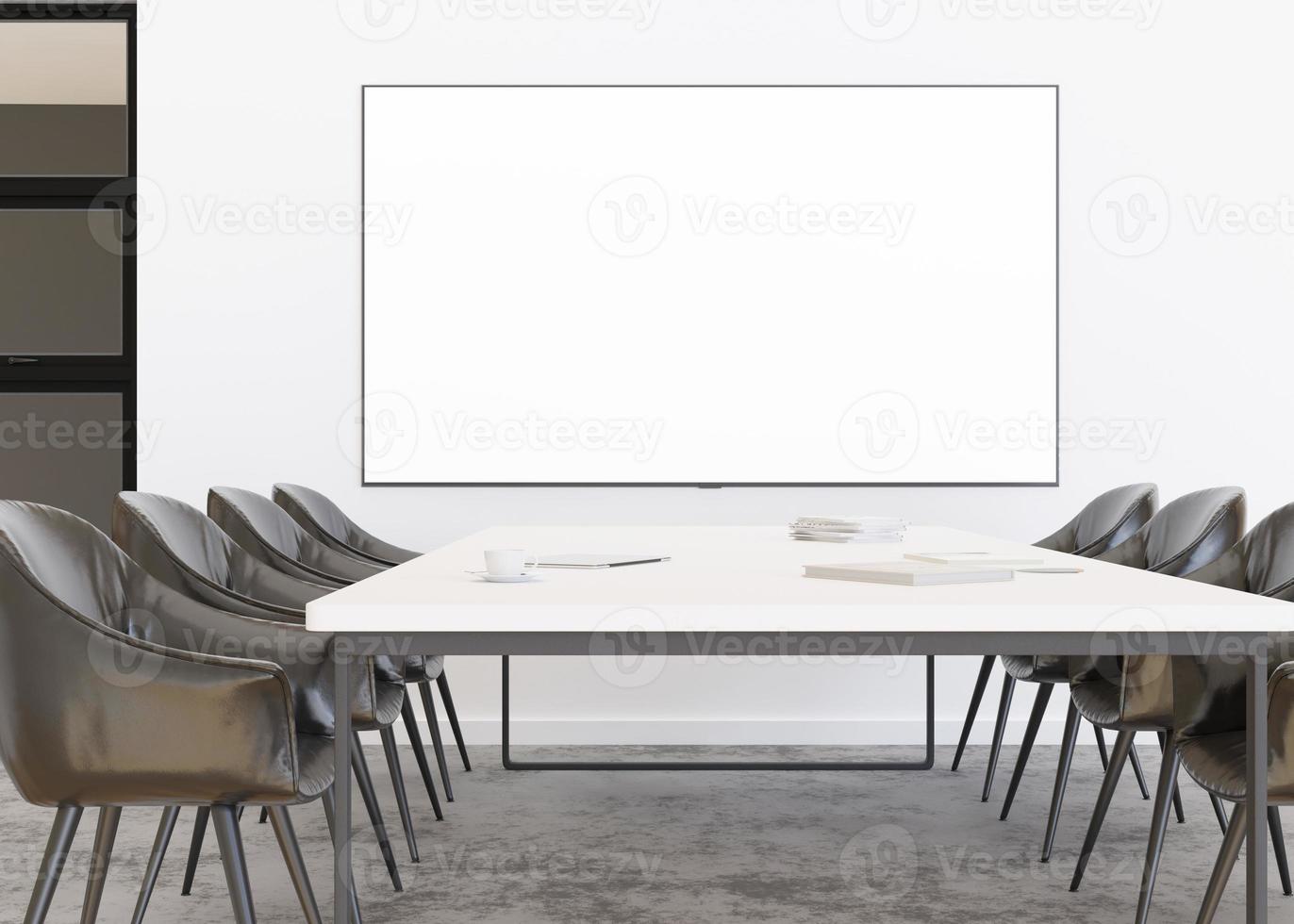 sala de conferencias con pantalla de televisión en blanco y vacía. maqueta de monitor. sala de reuniones de negocios con pantalla lcd para presentaciones, publicidad. Oficina moderna y contemporánea. gratis, copia espacio, plantilla. representación 3d foto