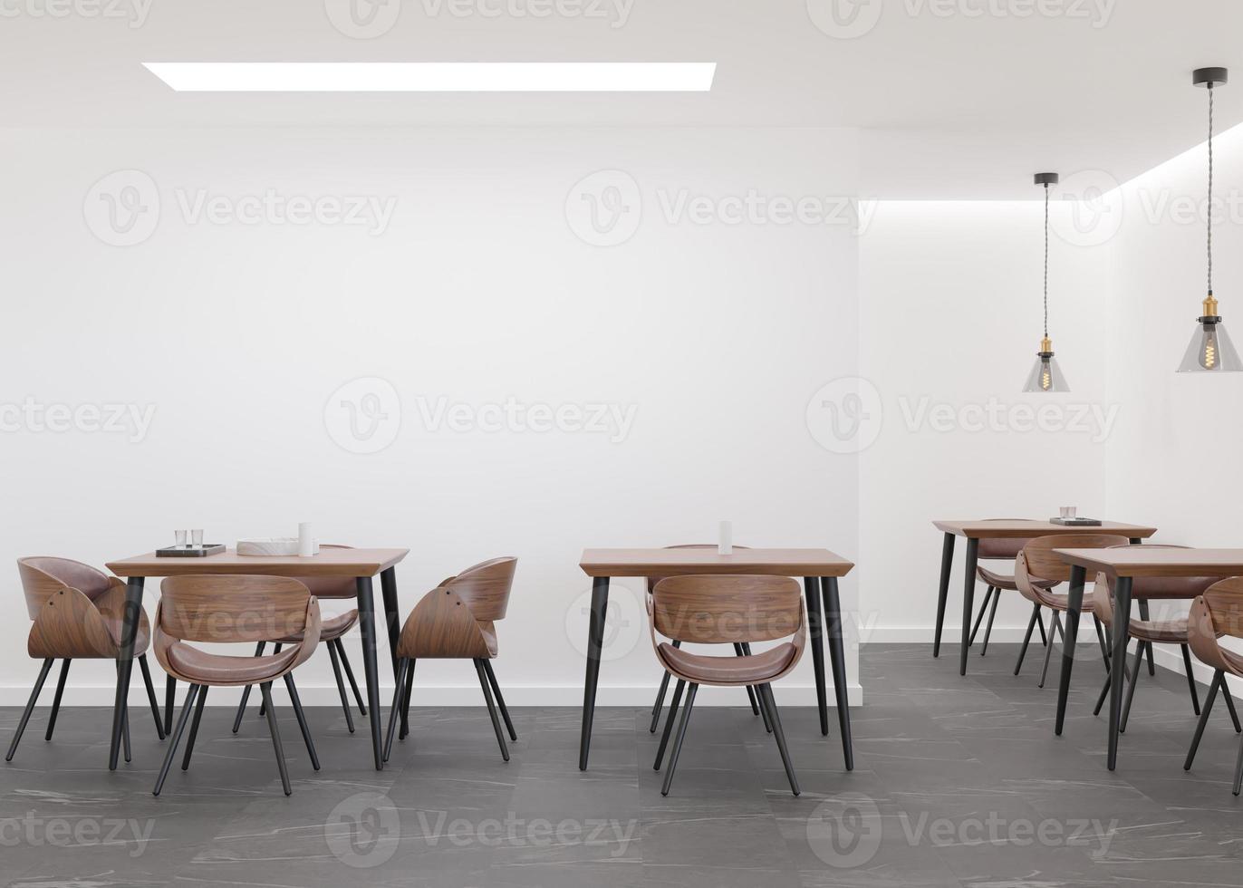 pared blanca vacía en un café moderno. maqueta interior de restaurante en estilo contemporáneo. gratis, copie el espacio para su banner publicitario, obra de arte, imagen, texto u otro diseño. espacio vacio. representación 3d foto