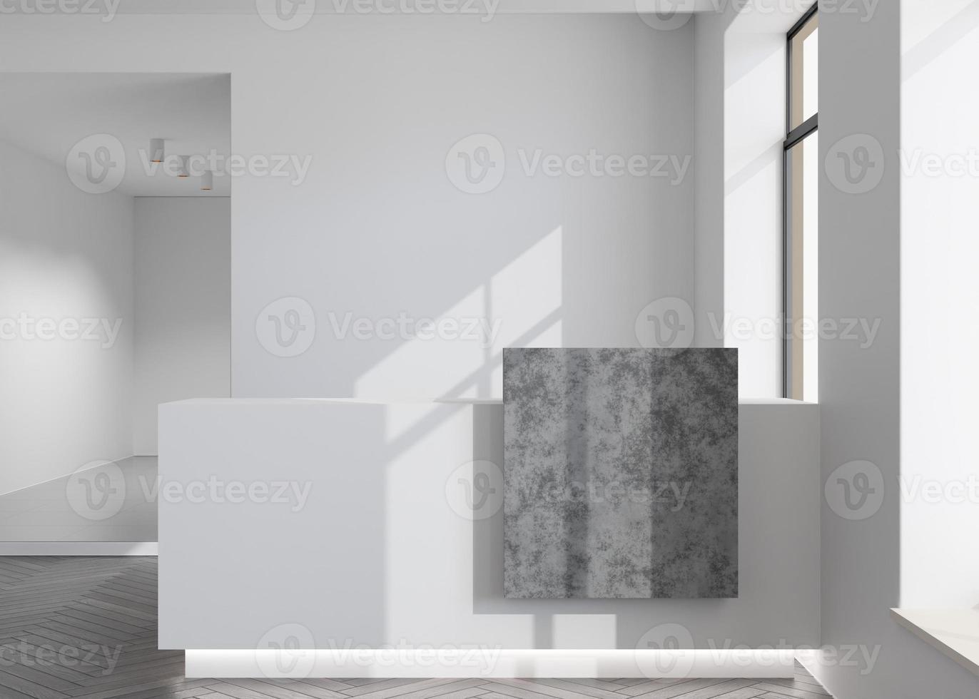 White reception counter in modern room with white walls. Blank registration desk in hotel, spa or office. Reception mock up with copy space for branding, logo. Contemporary style. 3D rendering. photo