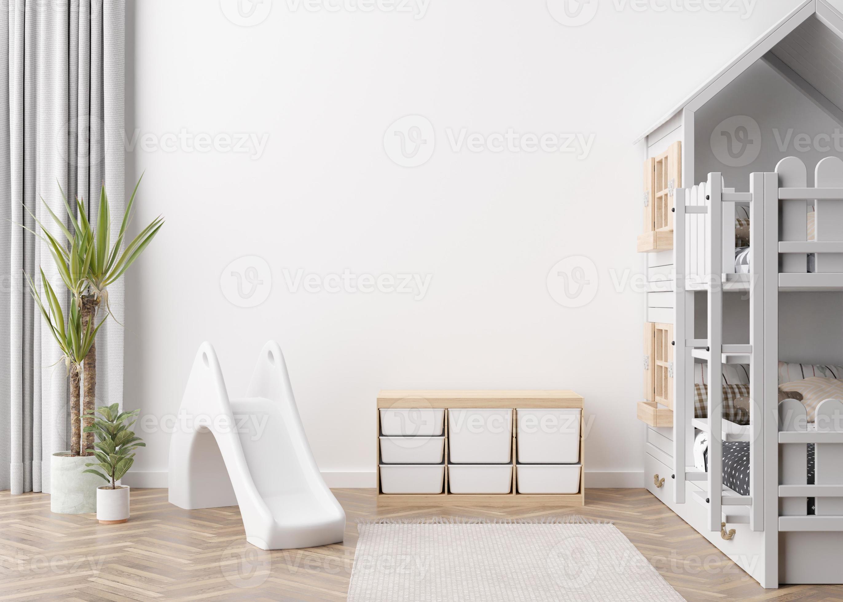 Empty white wall in modern child room. Mock up interior in scandinavian  style. Copy space for your artwork, picture or poster. Bed, slide. Cozy room  for kids. 3D rendering. 15274842 Stock Photo
