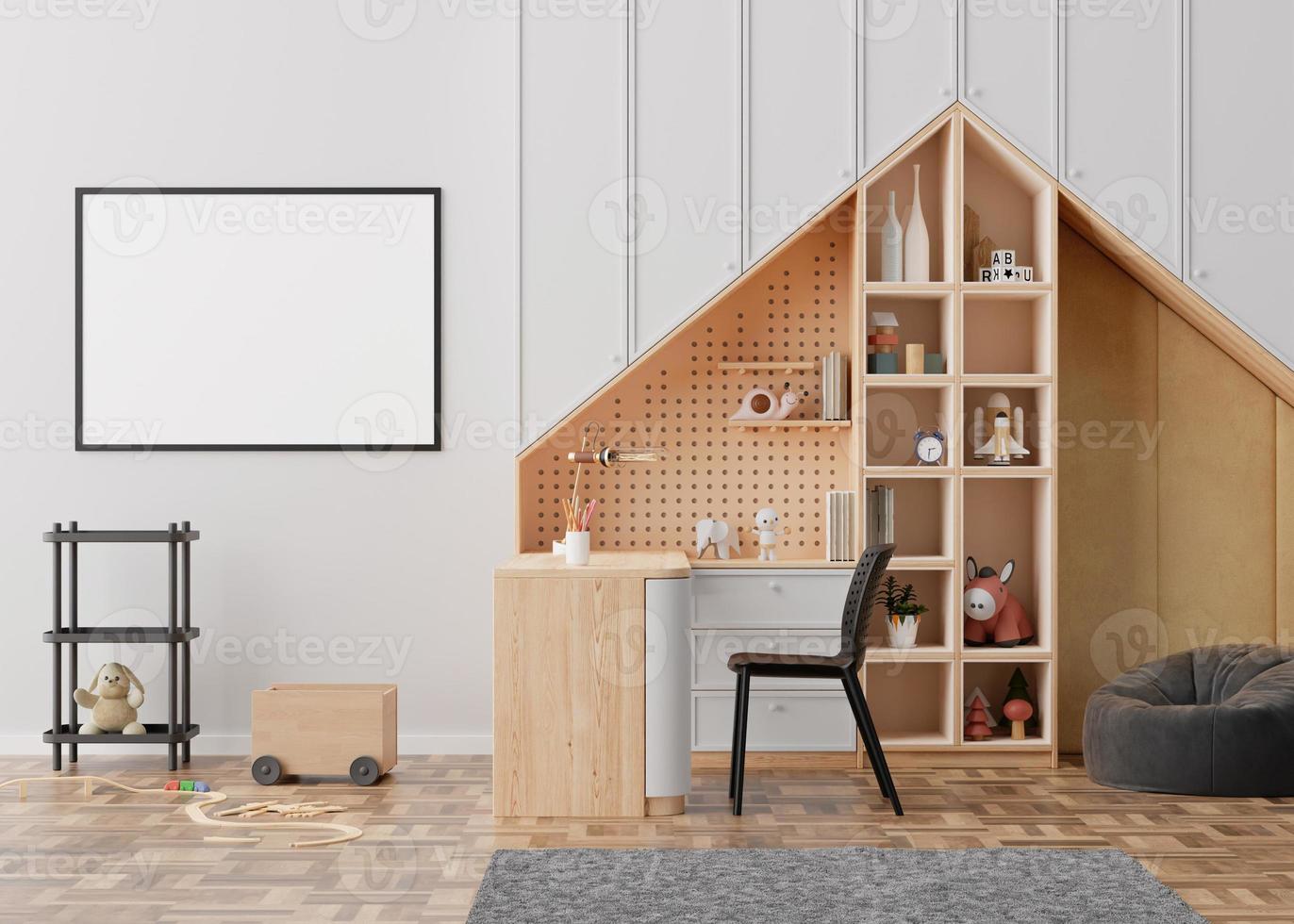 Empty horizontal picture frame on gray wall in modern child room. Mock up interior in contemporary, scandinavian style. Free, copy space for picture. Desk, toys. Cozy room for kids. 3D rendering. photo