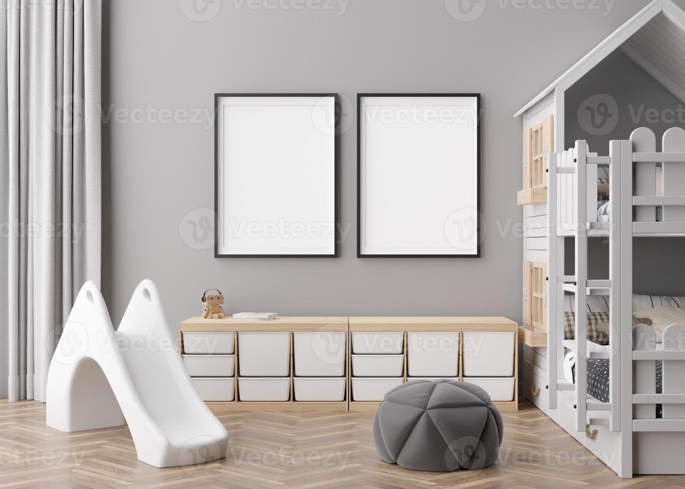 Two empty vertical picture frames on gray wall in modern child room. Mock up interior in contemporary, scandinavian style. Free, copy space for picture. Bed, toys. Cozy room for kids. 3D rendering. photo