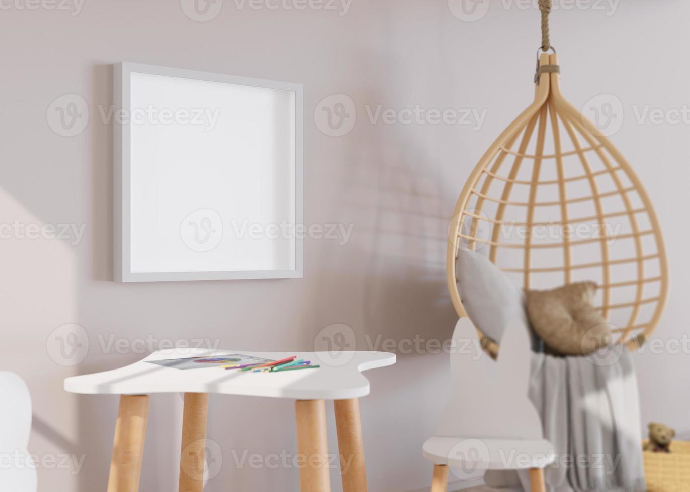 Empty square picture frame hanging on the wall in modern child room. Frame mock up in contemporary style. Free, copy space for picture, poster. Toys, hanging armchair. Close up view. 3D rendering. photo