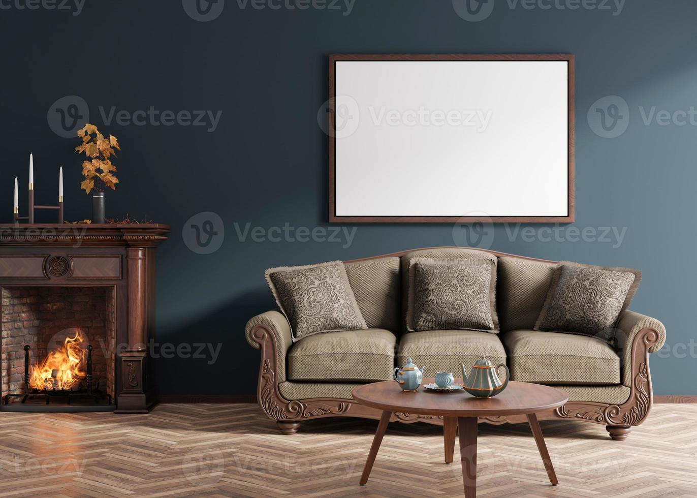 Empty horizontal picture frame on dark blue wall in modern living room. Mock up interior in classic style. Empty, copy space for your picture, poster. Sofa, table, parquet floor, fireplace. 3D render. photo