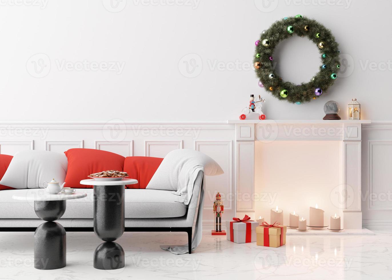Modern and stylish living room interior with Christmas decorations, sofa. gifts. Xmas time at home, New Year, holiday. Beautiful and cozy interior design. 3D rendering. photo