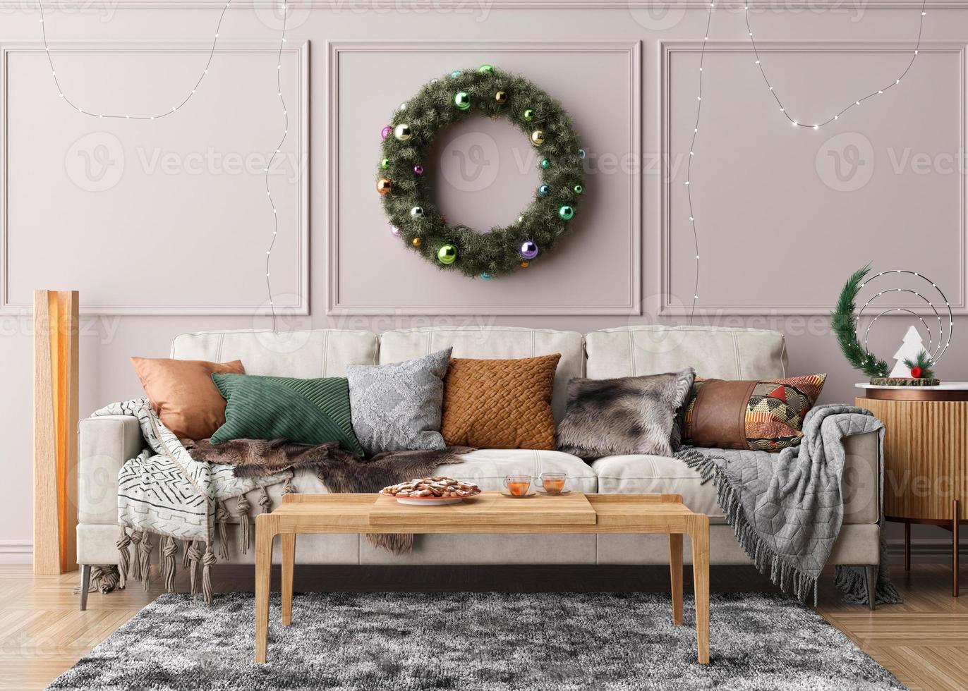 interior moderno y elegante de la sala de estar con adornos navideños y sofá. tiempo de navidad en casa, año nuevo, vacaciones. hermoso y acogedor diseño de interiores. representación 3d foto