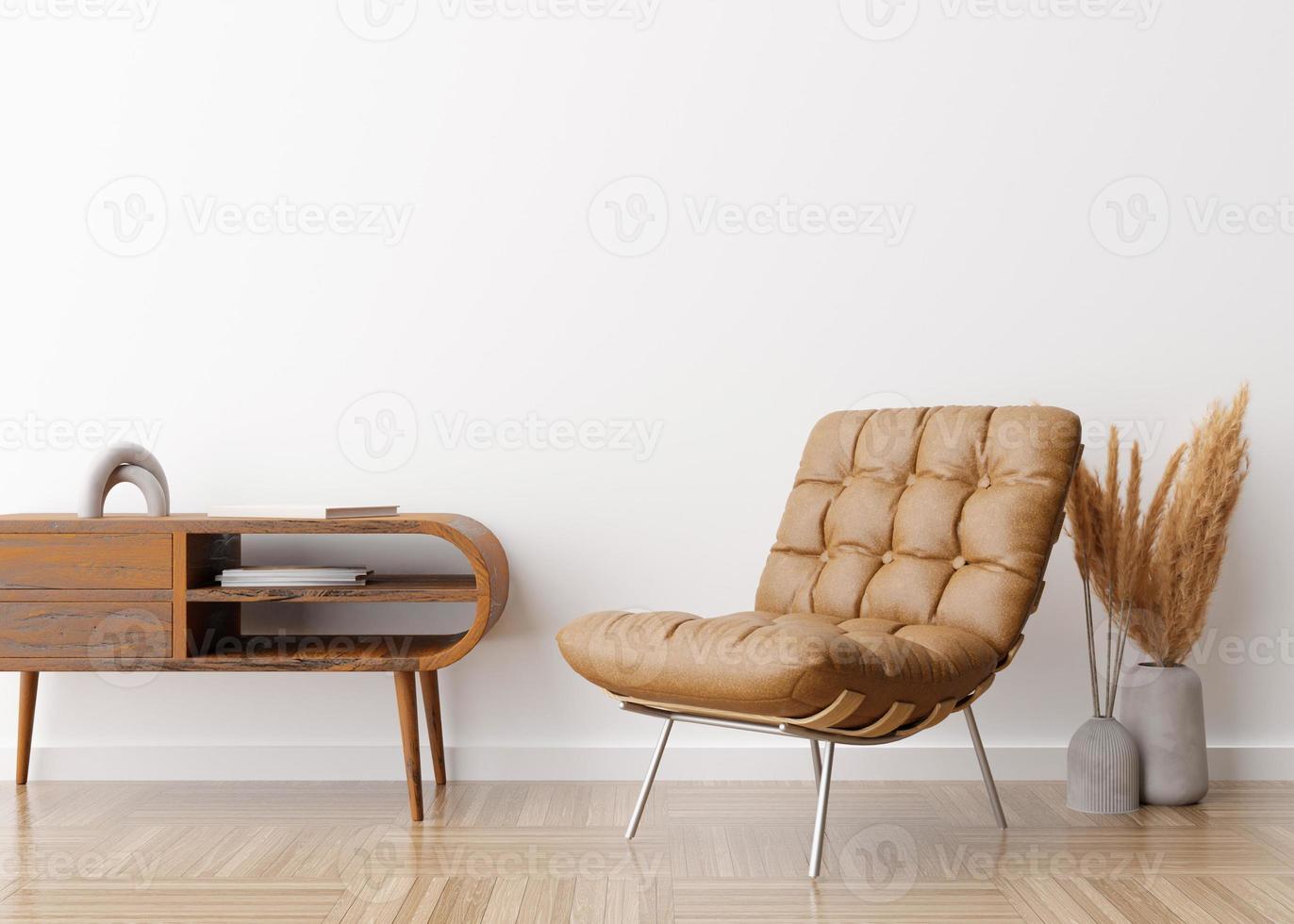 Brown leather armchair in contemporary interior. Modern, stylish, high quality leather furniture. Natural material. Pampas grass in vase. 3D rendering. photo