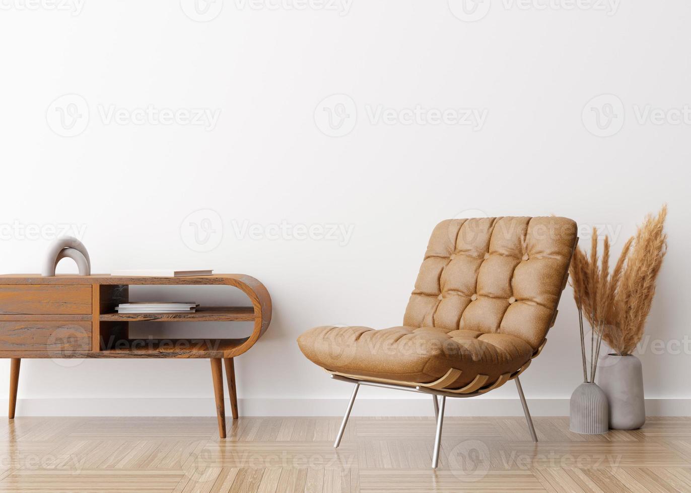 sillón de cuero marrón en un interior contemporáneo. Muebles de cuero modernos, elegantes y de alta calidad. materiales naturales hierba de pampa en florero. representación 3d foto