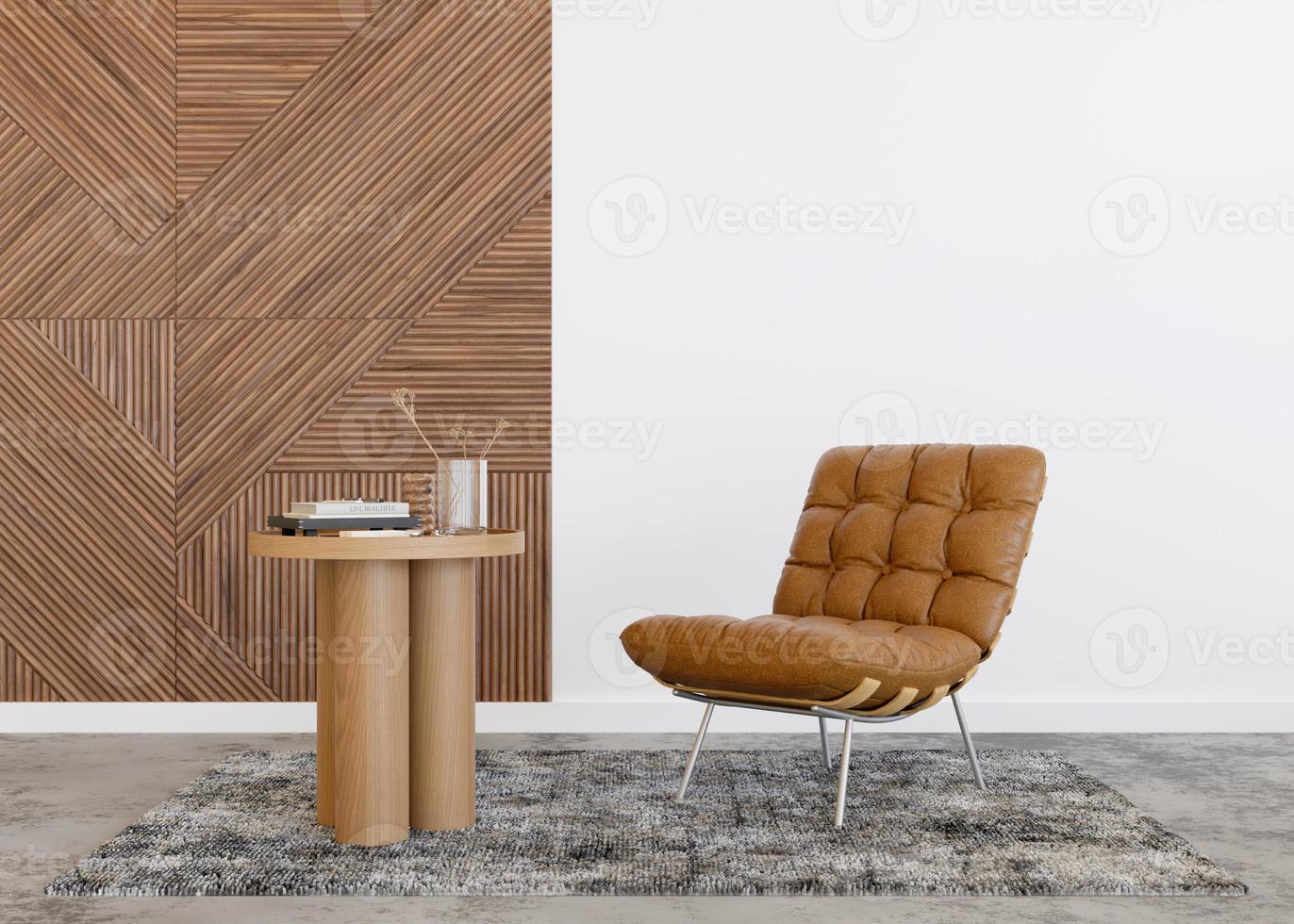 sillón de cuero marrón en un interior contemporáneo. Muebles de cuero modernos, elegantes y de alta calidad. materiales naturales representación 3d foto