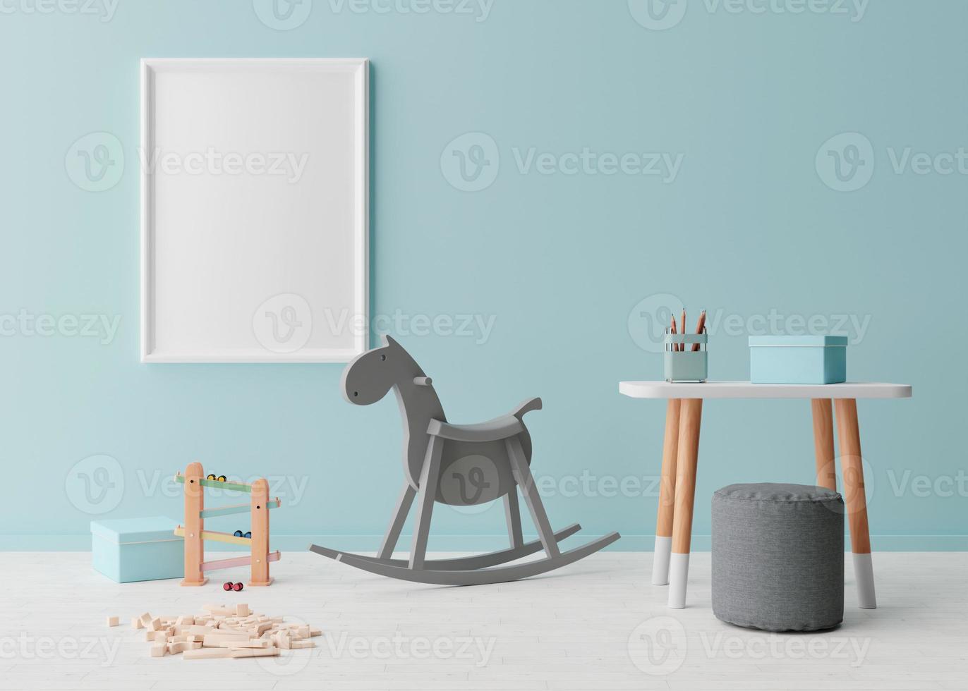 Empty vertical picture frame on blue wall in modern child room. Mock up interior in scandinavian style. Free, copy space for your picture. Rocking horse, table, toys. Cozy room for kids. 3D rendering. photo