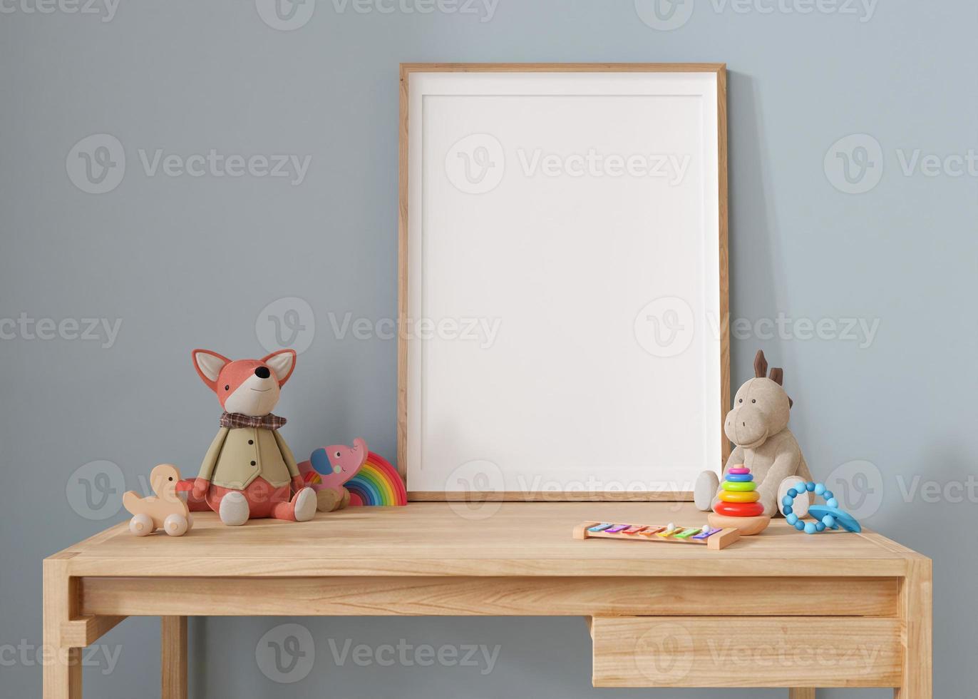 Empty vertical picture frame standing on the desk in modern child room. Frame mock up in contemporary style. Free, copy space for picture, poster. Plush and wooden toys. Close up view. 3D rendering. photo