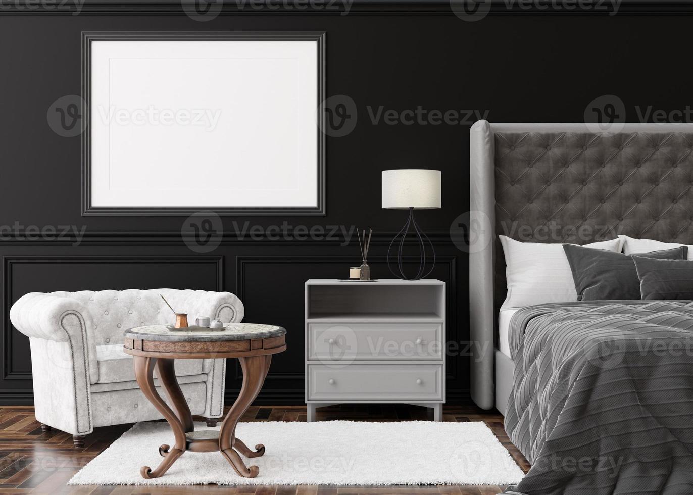 marco de imagen horizontal vacío en la pared negra en el dormitorio moderno. interior simulado en estilo clásico. gratis, copia espacio para tu foto, poster. plantilla para su obra de arte. cama, sillón. representación 3d foto