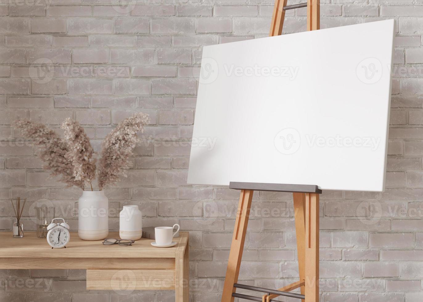 Empty horizontal canvas on wooden easel in modern and cozy room. Canvas mock up, interior in scandinavian, boho style. Free, copy space for your picture. Artwork presentation. 3D rendering. photo