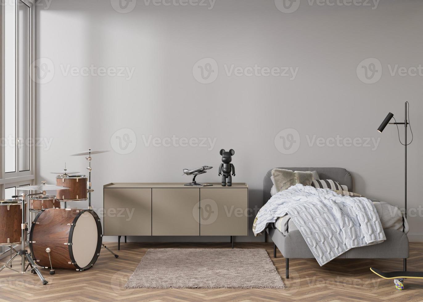 Empty wall in modern child or teenie room. Mock up interior in contemporary style. Copy space for your picture or poster. Bed, sideboard. Cozy room for kids, teenager. 3D rendering. photo