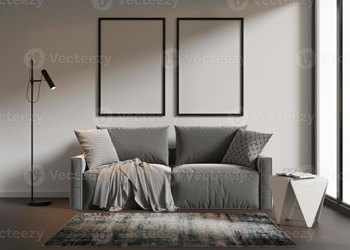 Two empty vertical picture frames on white wall in modern living room. Mock up interior in contemporary, scandinavian style. Copy space for picture, poster. Sofa, table, carpet, lamp. 3D rendering. photo