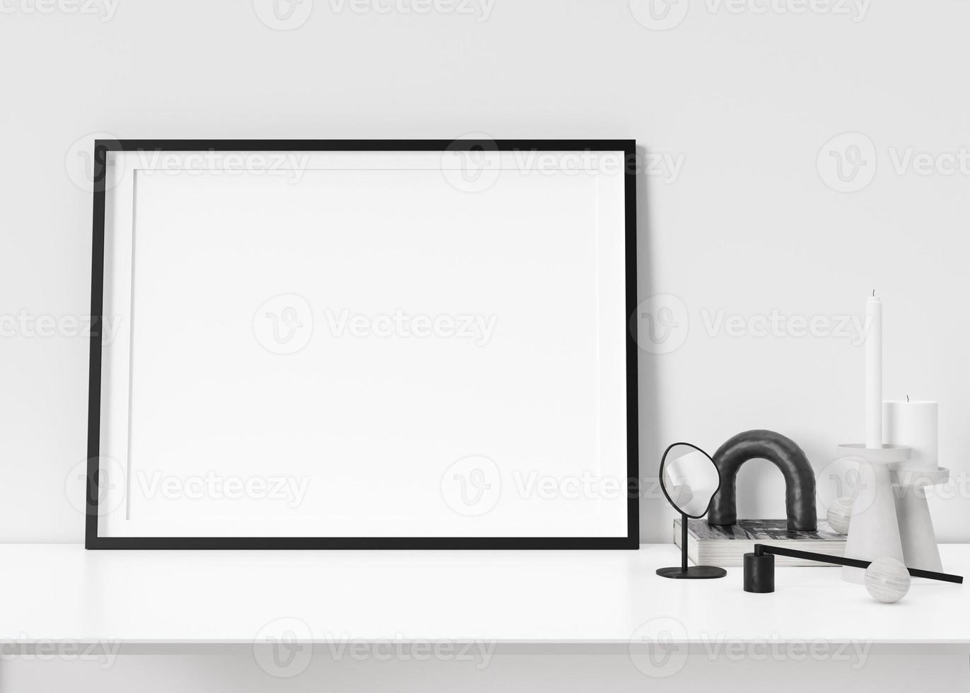 Empty black horizontal picture frame standing on white shelf. Frame mock up. Copy space for picture, poster. Template for your artwork. Close up view. Home accessories, sculpture. 3D rendering. photo