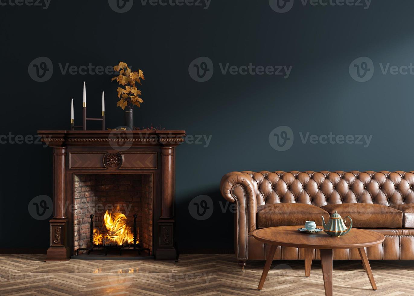 Beautiful living room with fireplace. Classic style interior design. Burning firewood, fire. Cosy, relaxed atmosphere. Sofa, table, parquet floor, fireplace. Heating with wood. 3D rendering. photo