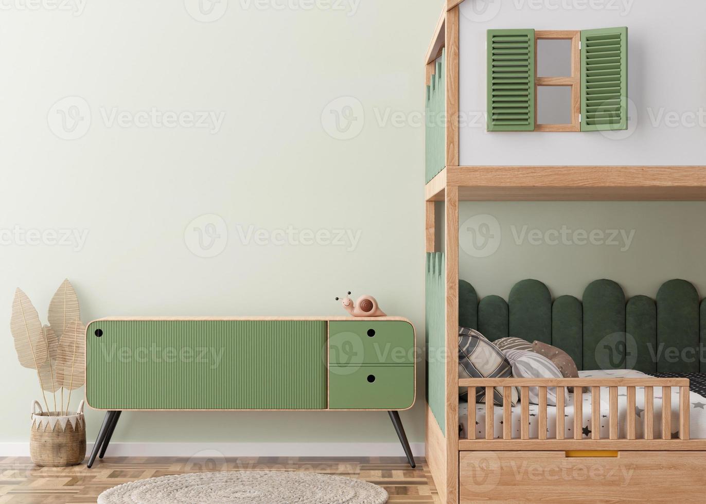 pared verde claro vacía en la habitación infantil moderna. maqueta interior en estilo escandinavo. copie el espacio para su foto o póster. cama, aparador, cesta de mimbre. habitación acogedora para niños. representación 3d