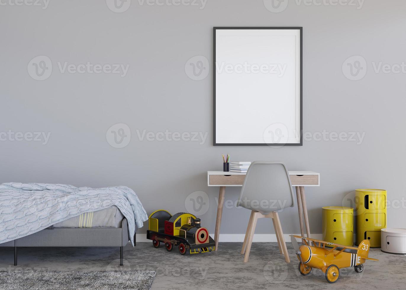 Empty vertical picture frame on gray wall in modern child room. Mock up interior in contemporary, scandinavian style. Free, copy space for your picture. Bed, desk, toys. Cozy room for kids. 3D render. photo