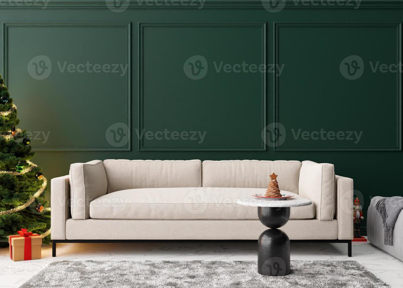 pared verde vacía en la sala de estar moderna con decoración navideña. interior simulado en estilo clásico. copia espacio para tu foto, poster. plantilla para obras de arte. acogedor interior navideño. representación 3d foto