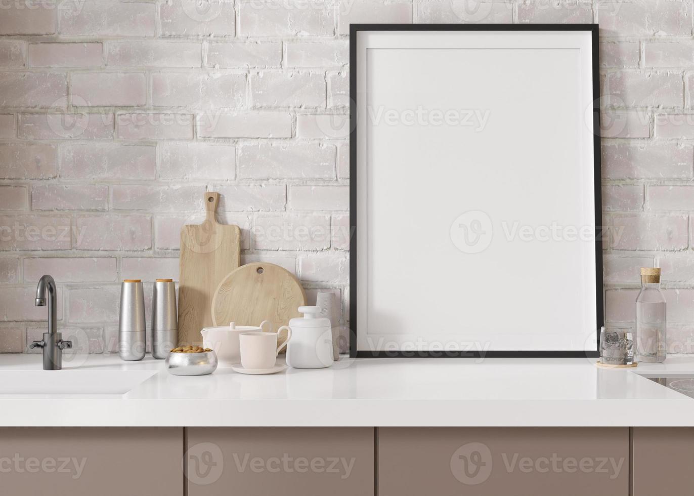 Empty vertical picture frame standing in modern kitchen. Mock up interior in minimalist, contemporary style. Free, copy space for your picture, poster. Close up view. 3D rendering. photo